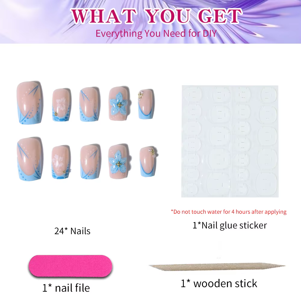 24 pièces court carré 3D Gel ongles fait avec perle décoration Design bleu clair français acrylique presse