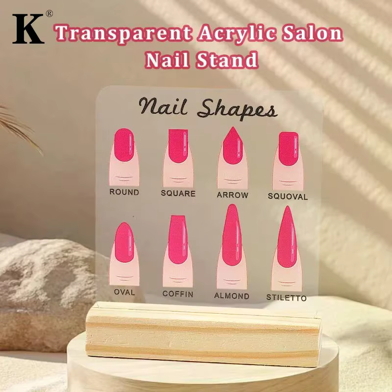 Présentoir de Formes d'Ongles en Acrylique Transparent avec Base en Bois et Diamants – Support de Présentation de Créations Nail Art sur Bureau