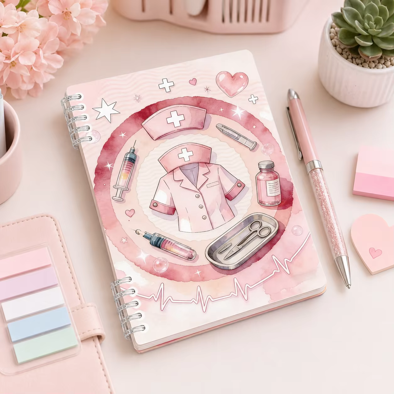Carnet spirale rose pour infirmières, 120 pages, joli journal médical pour étudiants en soins infirmiers, infirmières, cadeau pour l'école ou le bureau