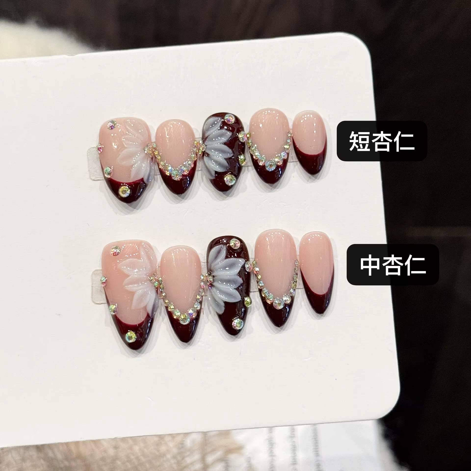 10 pièces à la main rouge profond français presse sur ongles strass conception courte amande faux