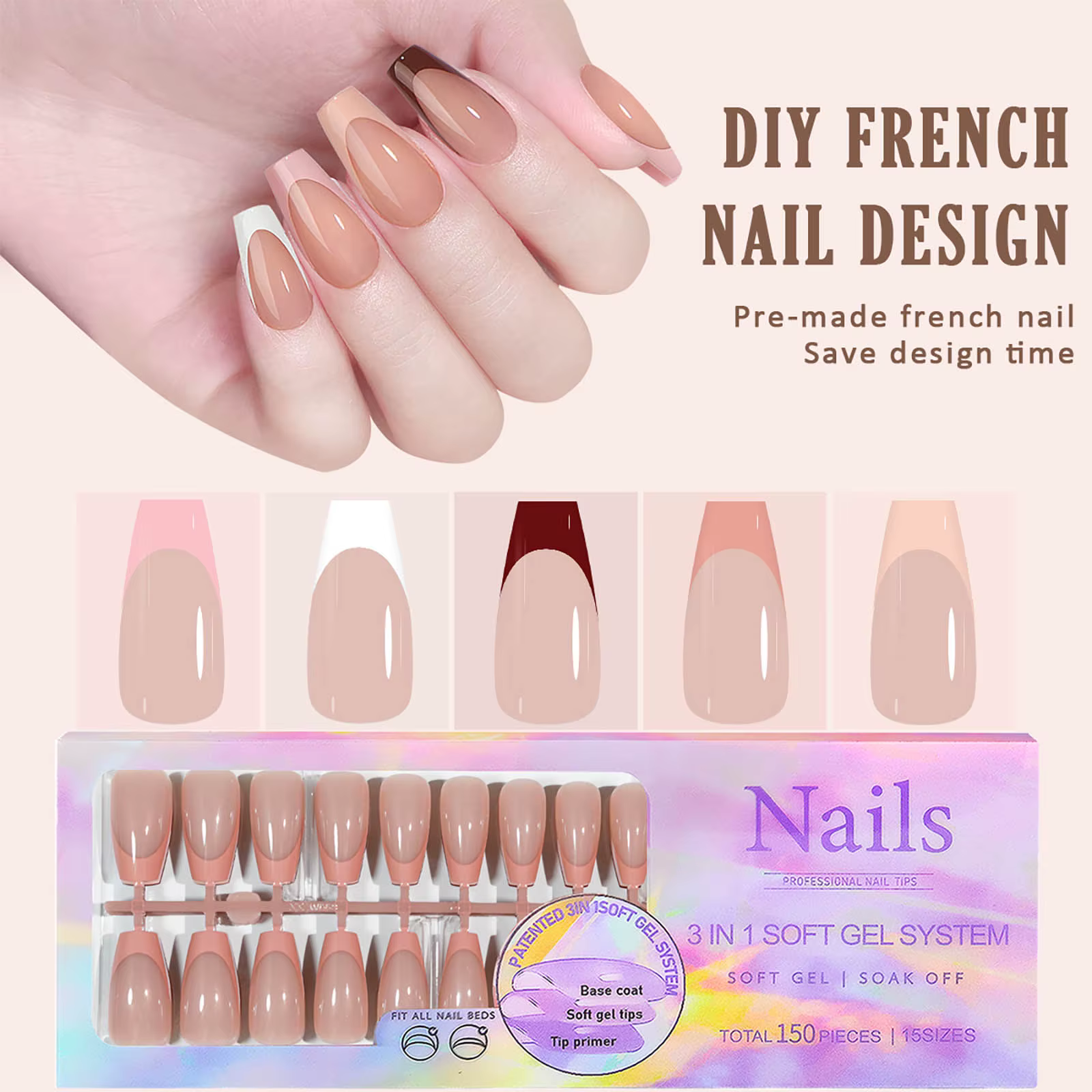 150 pièces 6 couleurs faux ongles multi-tailles