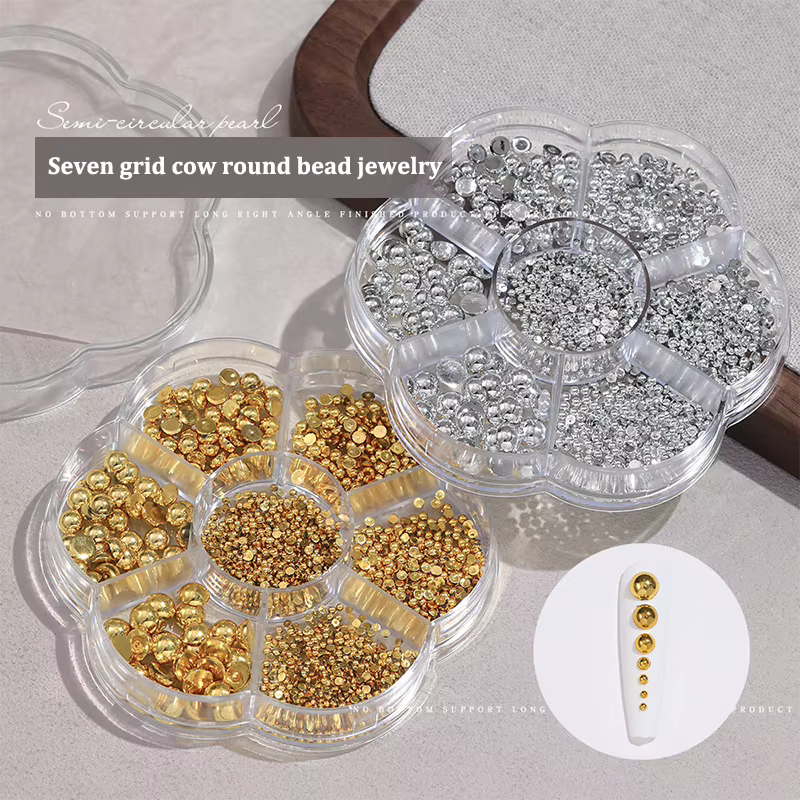 7 grilles argent or perle Nail Art décorations blanc demi-rond fond plat taille mixte