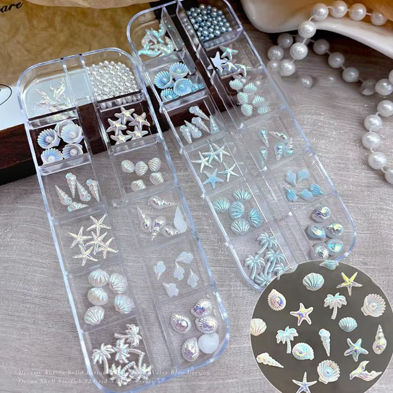 12 grilles/boîte bleu blanc breloque pour ongles coquille étoile de mer queue de sirène 3d accessoires de Nail Art pour un Look de manucure rêve et océanique