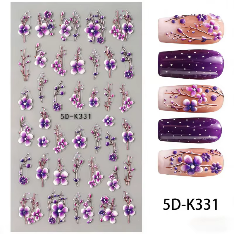 Autocollants pour ongles motif fleur de lys rose - Motifs fleurs roses et feuilles vertes