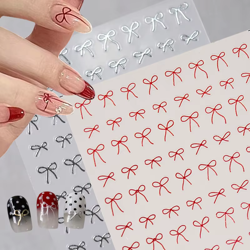 Autocollants 3D Adorables Dorés Argentés Blancs à Nœuds Papillon pour Ongles