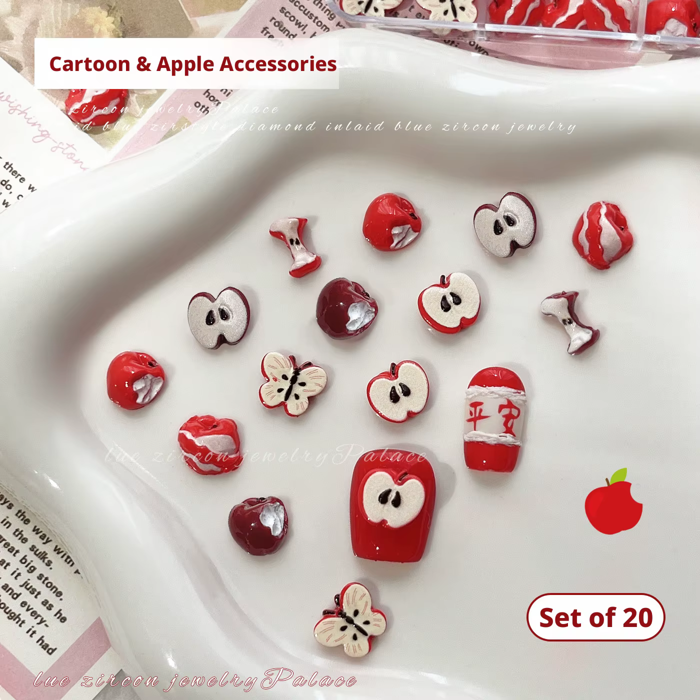 20 pièces MIX de breloques pour ongles en forme de pomme rouge mignonne