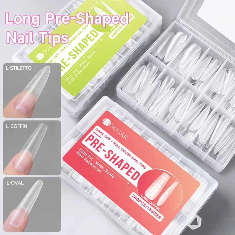 UR SUGAR 240PCS 10 Tailles Faux Ongles Préformés Slim avec Ligne Française Transparents Mat Longs Couverture Complète Pointes d'Ongles Extension Rapide