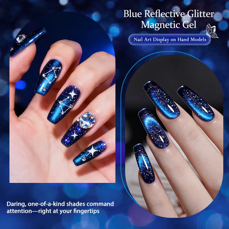 Vernis Gel Magnétique Réfléchissant Bleu Pailleté 7ml Effet Ciel Étoilé Ultra Scintillant Semi-Permanent Soak Off UV Fournitures pour Ongles
