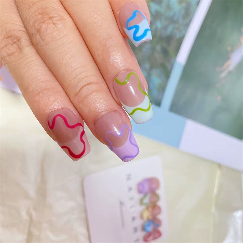 10 pièces à la main coloré français presse sur ongles Macarone Puzzle conception faux