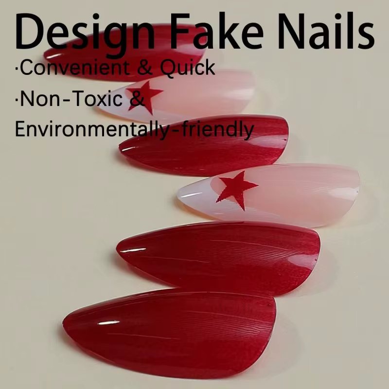 24 faux ongles brillants en forme d'étoile rouge avec une pointe gris-blanc