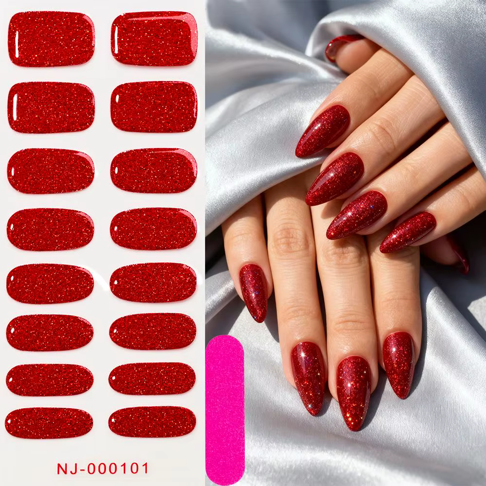 Autocollants pour ongles en Gel à paillettes rouges de noël