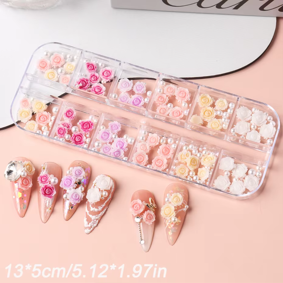 12 Grilles de Breloques pour Ongles en Résine Colorées en Forme de Rose