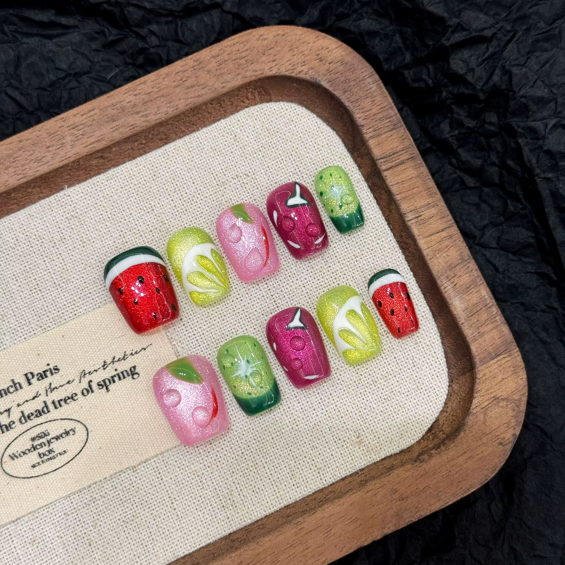 10 pièces à la main fruits presse sur ongles été pastèque et citron faux