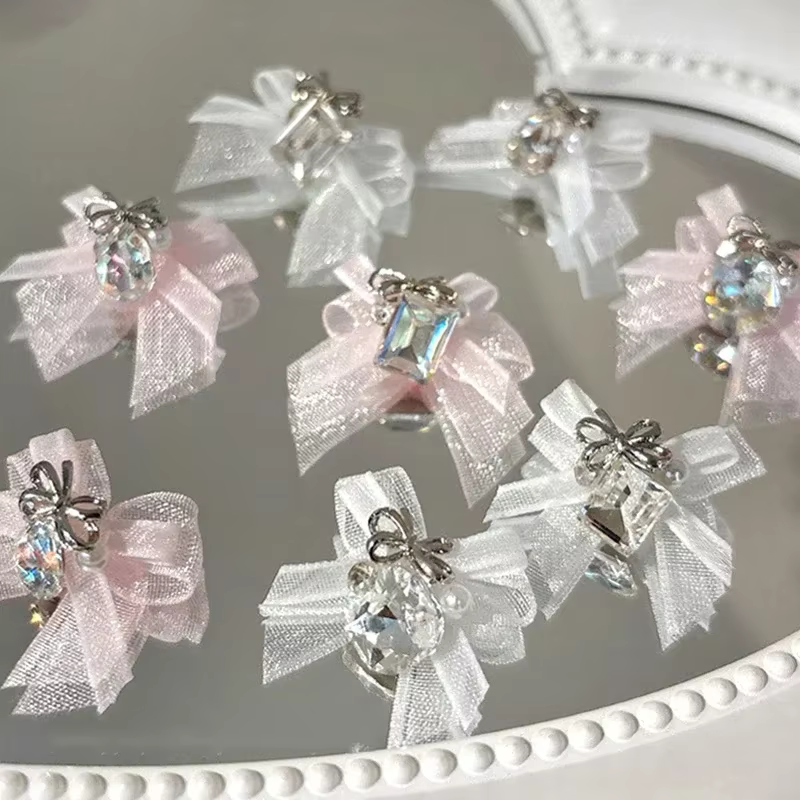 5 pièces 3D Organza arc Nail Art strass accessoires blanc rose arc carré goutte d'eau diamant