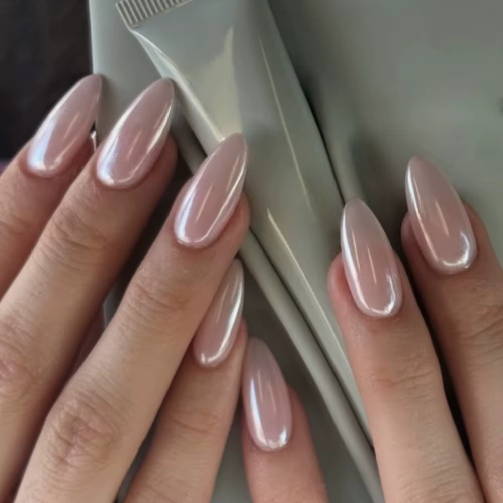 Perlescent scintillant rose français nu Nail Art élégant brillant amande faux ongles détachable fini