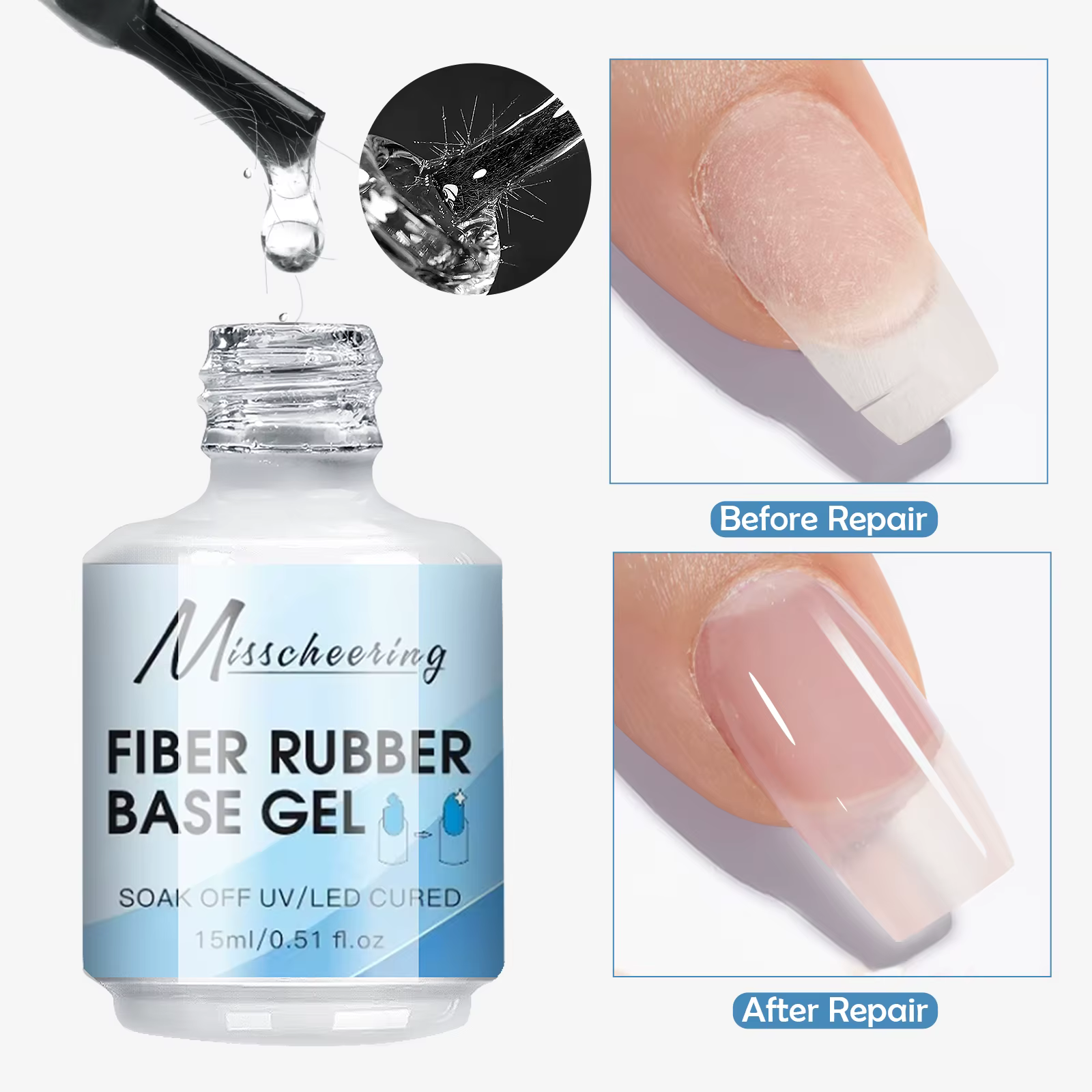 Gel de base en fibre de caoutchouc de 15 ml – Gel de construction transparent compatible UV/LED à séchage rapide pour la réparation des ongles cassés avec vernis à tremper