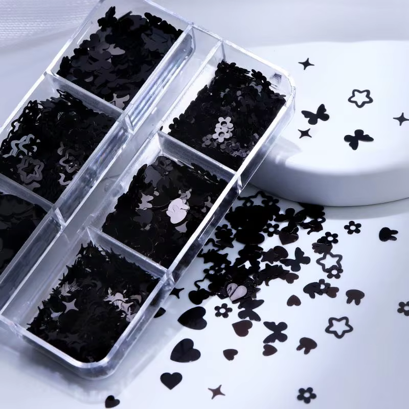 6 grilles noir en forme de coeur papillon étoile ongles Paillettes décor mixte manucure flocons
