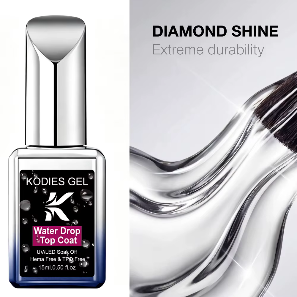 KODIES GEL HEMA/TPO Free Water Drop Top Coat Sans Résidu Auto-Nivelant Effet 3D Fini Cristal Manucure Semi-Permanent