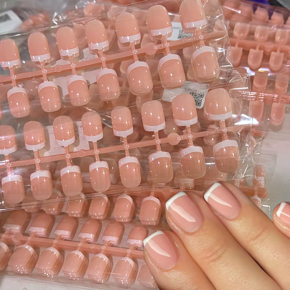 120 pièces rose court carré blanc français faux ongles 24*5 bandes couverture complète acrylique presse
