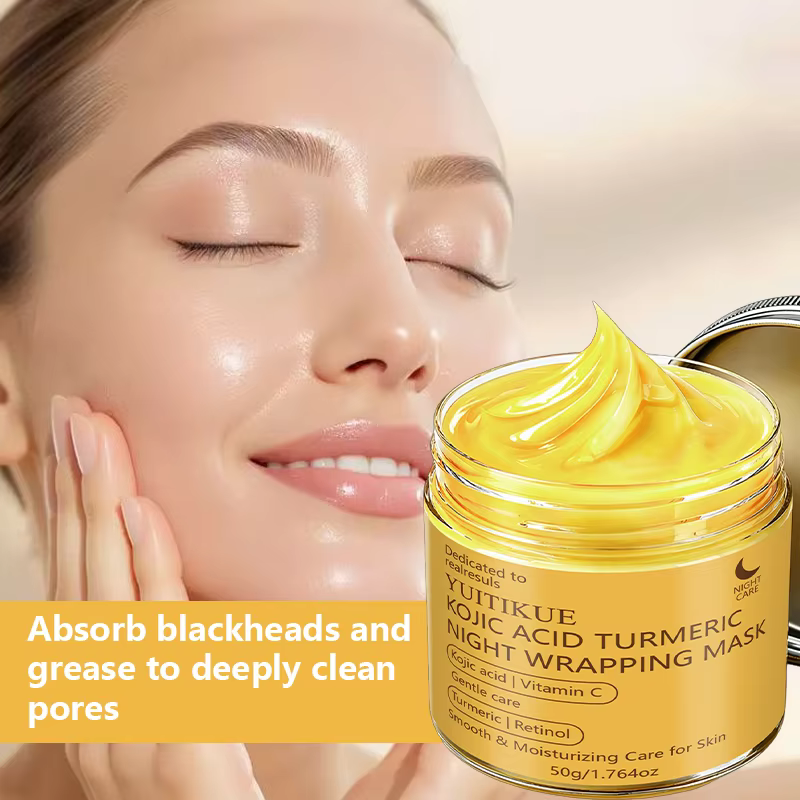 YUITIKUE 50g Masque de nuit enveloppant à l'acide kojique et au curcuma, Vitamine C, Rétinol, Masque facial hydratant doux et lissant pour soin de nuit