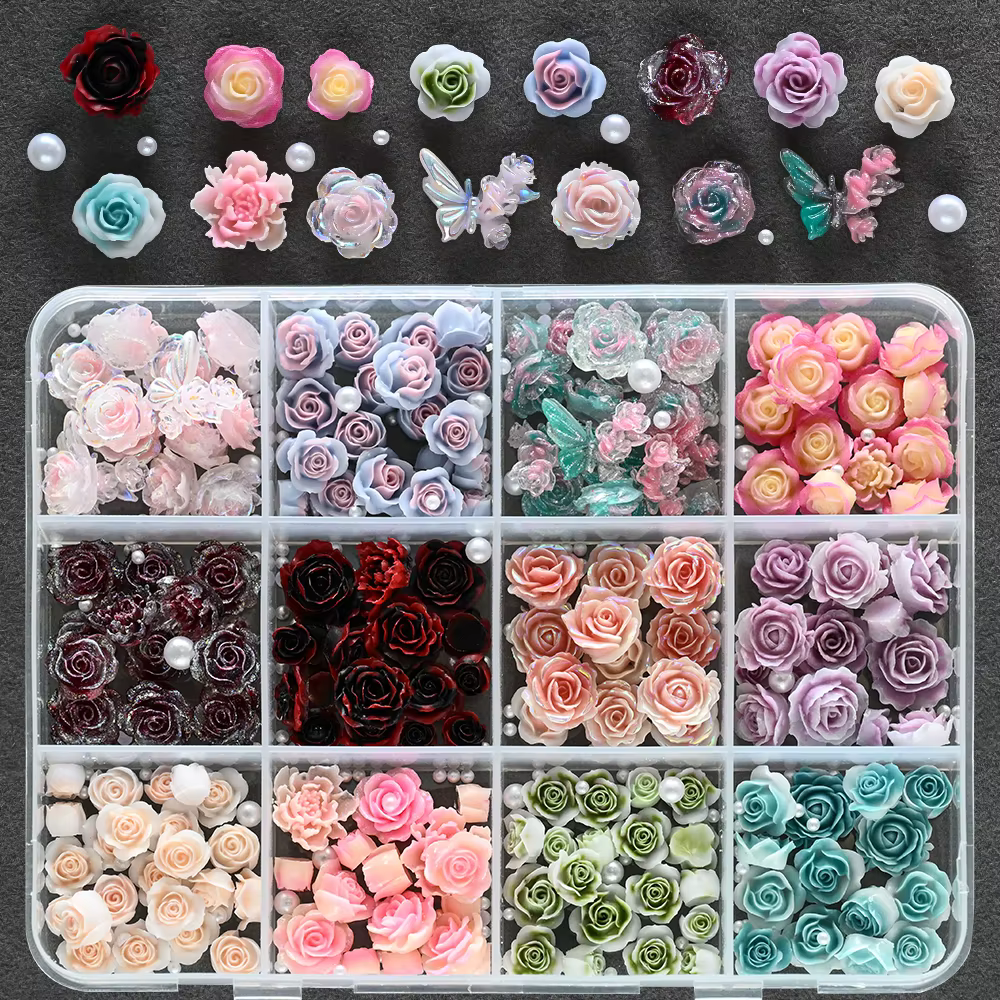 12 Grilles de Breloques 3D pour Ongles Camélia Rose