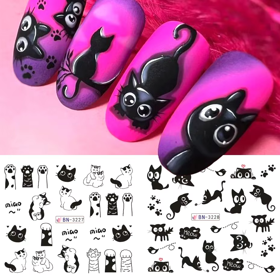 Autocollants à l'eau pour ongles chat noir