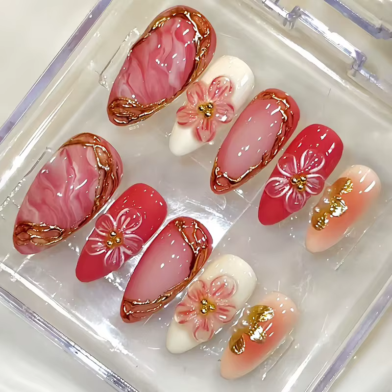 30 pièces fleurs rouges imprimé presse sur ongles français amande rose Blush faux