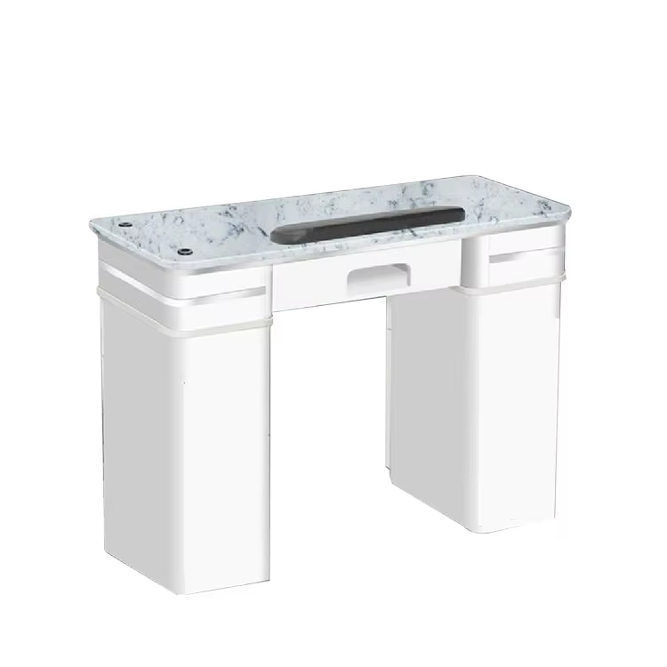 Table de manucure de style français avec plateau en verre, station à ongles portable blanche, mobilier de salon de beauté spécial en cuir PU pour spa