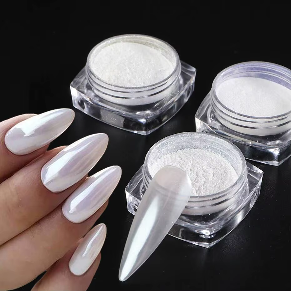 Lune clair de lune perle blanc ongles paillettes poussière Chrome Aurora blanc frottant sur poudre coquille miroir Pigment Nail Art fournitures décoration