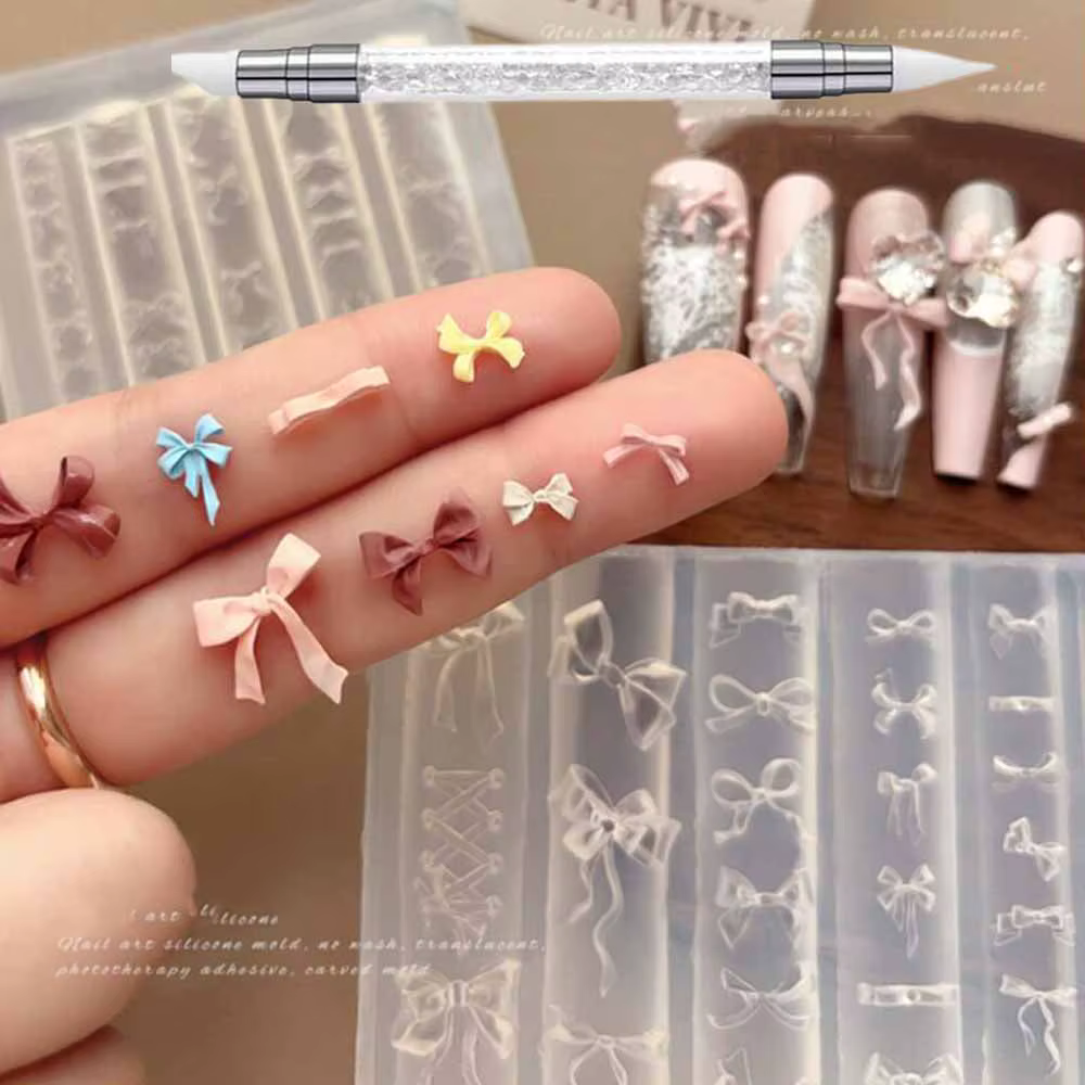 Moules à ongles en Silicone avec nœud papillon 3D + 1 stylo à découper