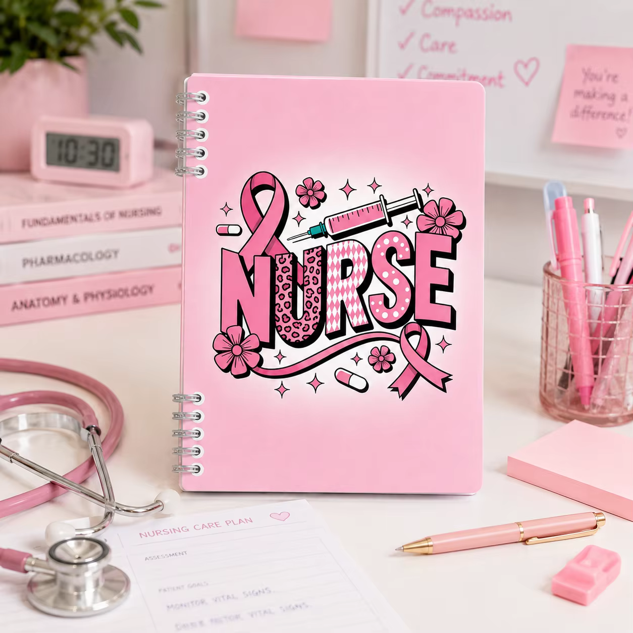 Carnet à spirale rose pour infirmières, 120 pages, journal médical mignon, planificateur pour étudiants en soins infirmiers, femmes, cadeau pour l'école et le bureau