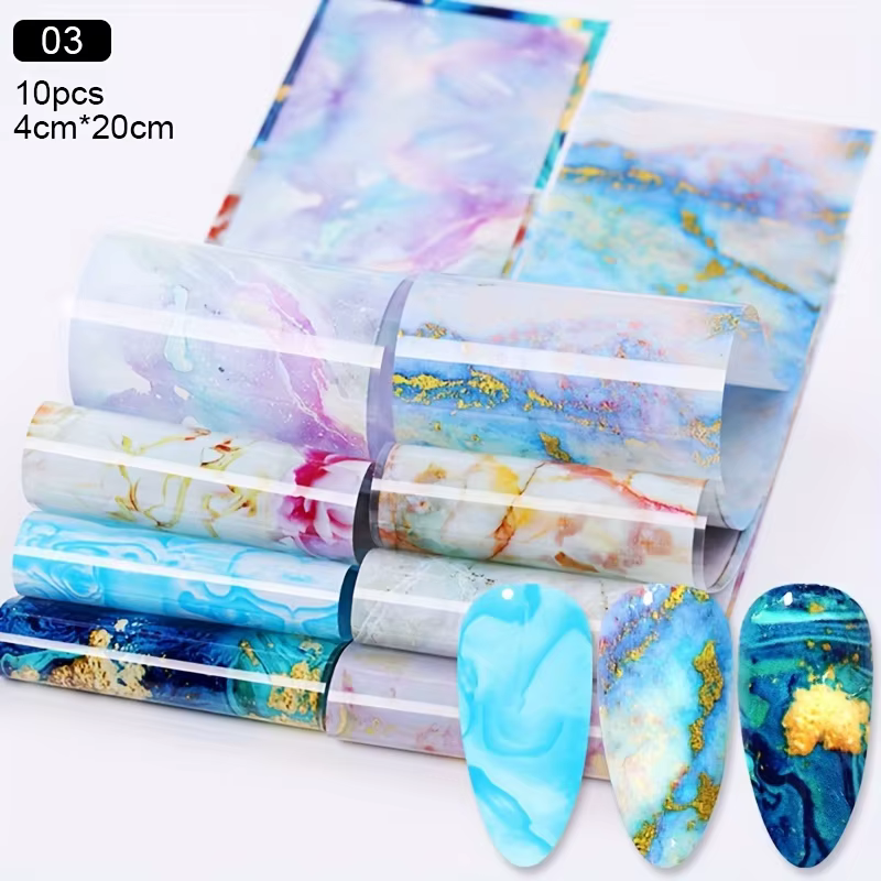 Lot de 10 feuilles de transfert pour nail art à motif marbre - Thème fantaisie
