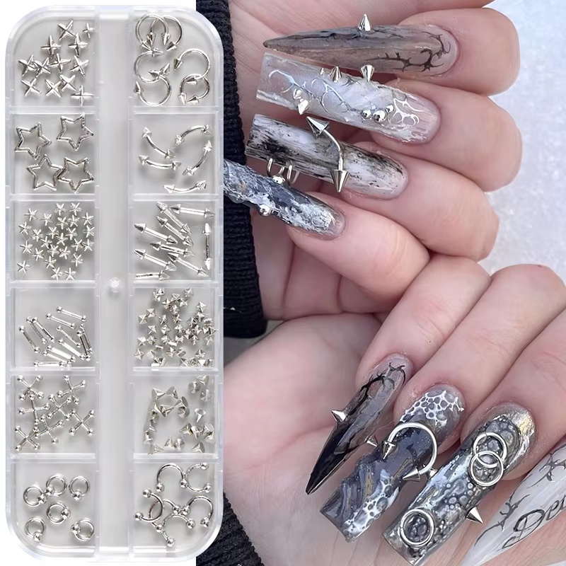 12 grilles Goth Punk ongles breloques goujons Y2K Piercing conceptions métallique argenté