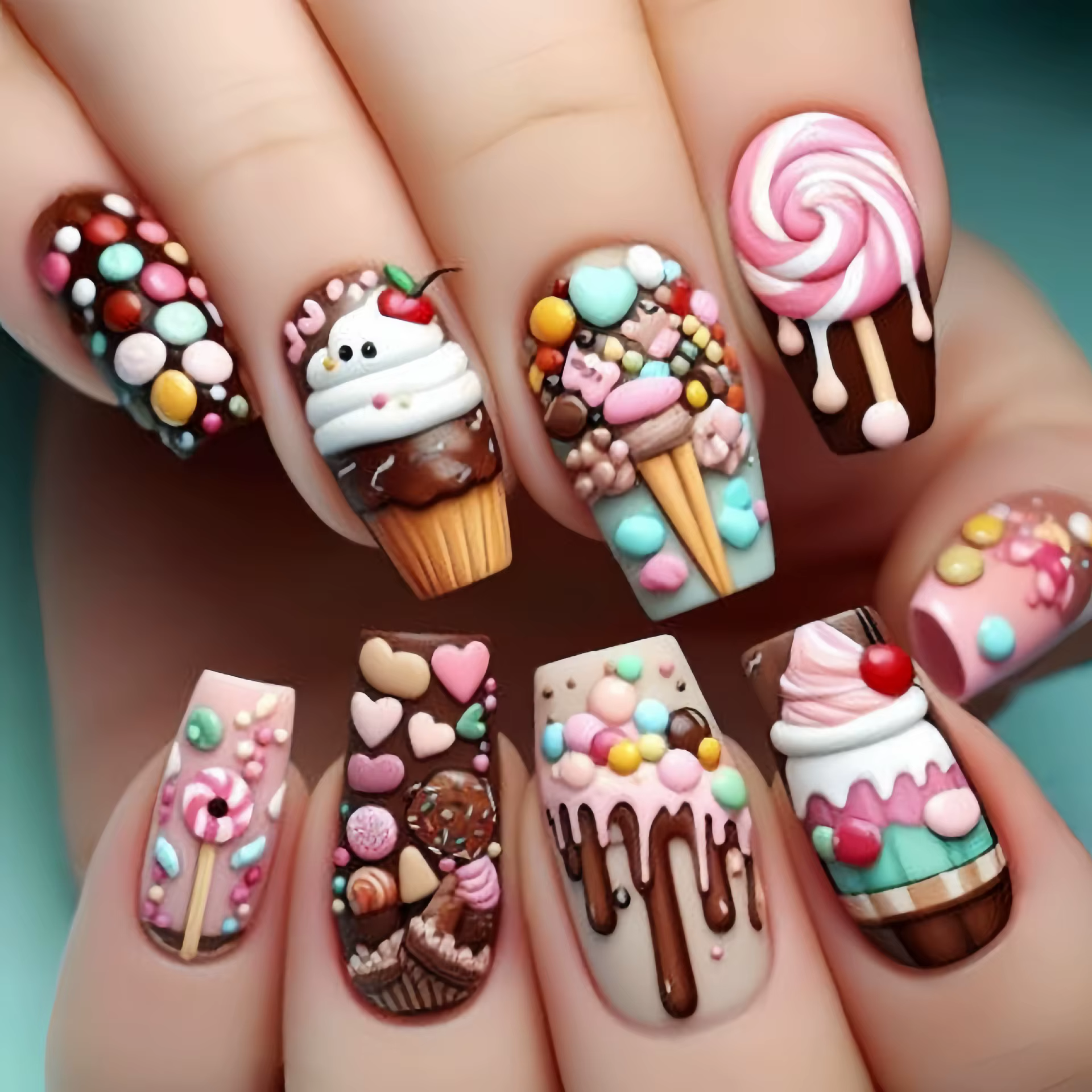 24 pièces Macaron crème glacée presse sur les ongles jour d'été doux détachable faux
