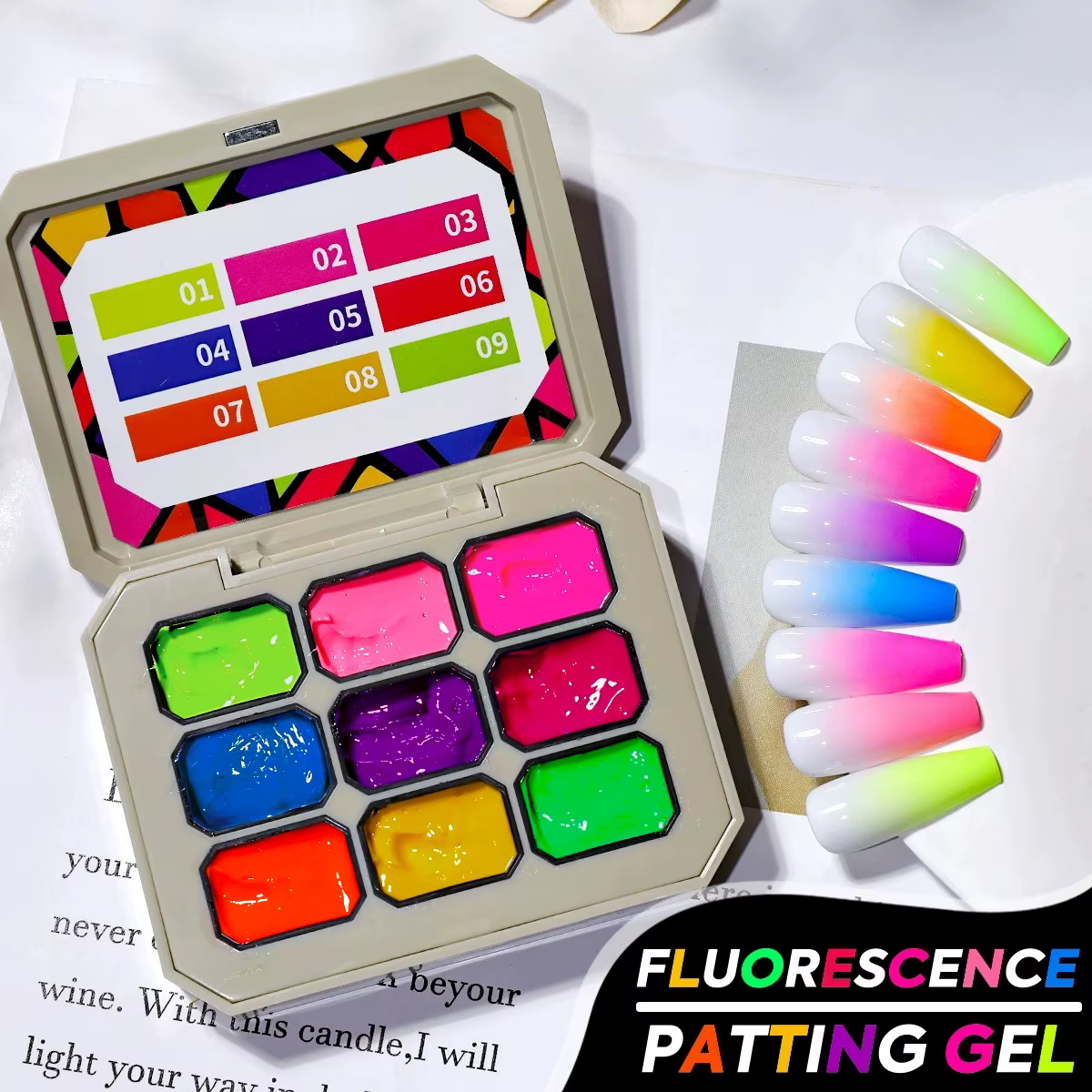 Gel UV semi-permanent 4-en-1 haute saturation 9 couleurs fluorescentes pour nail art