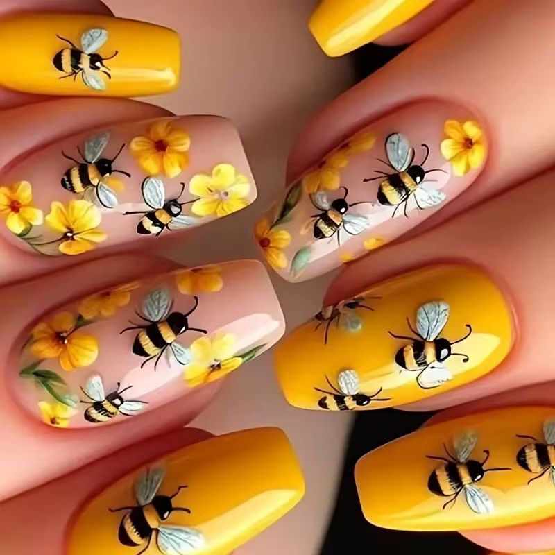 Faux ongles de ballet portables presse sur N64 Floral N64 Flower Design N64 Medium Coffin N64 souhaits on Wearable