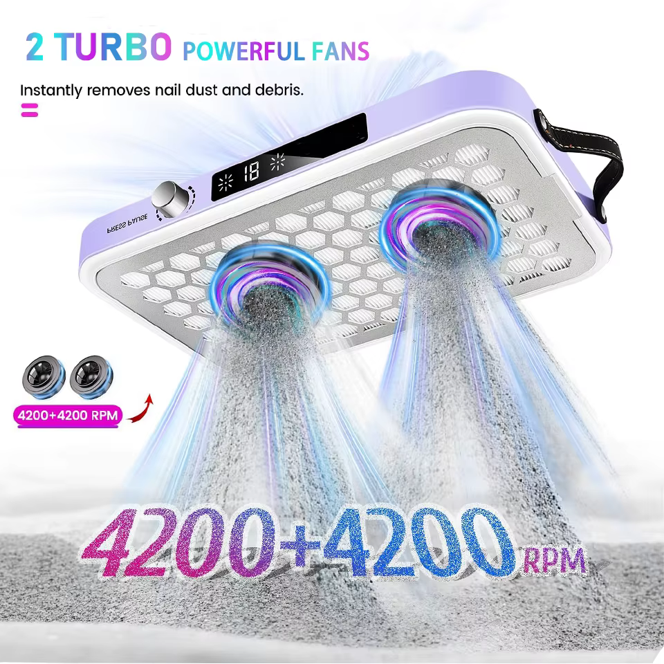 Aspirateur collecteur de poussière pour ongles, avec double ventilateurs Turbo sans balais, affichage LED, dépoussiérage Portable à haute efficacité