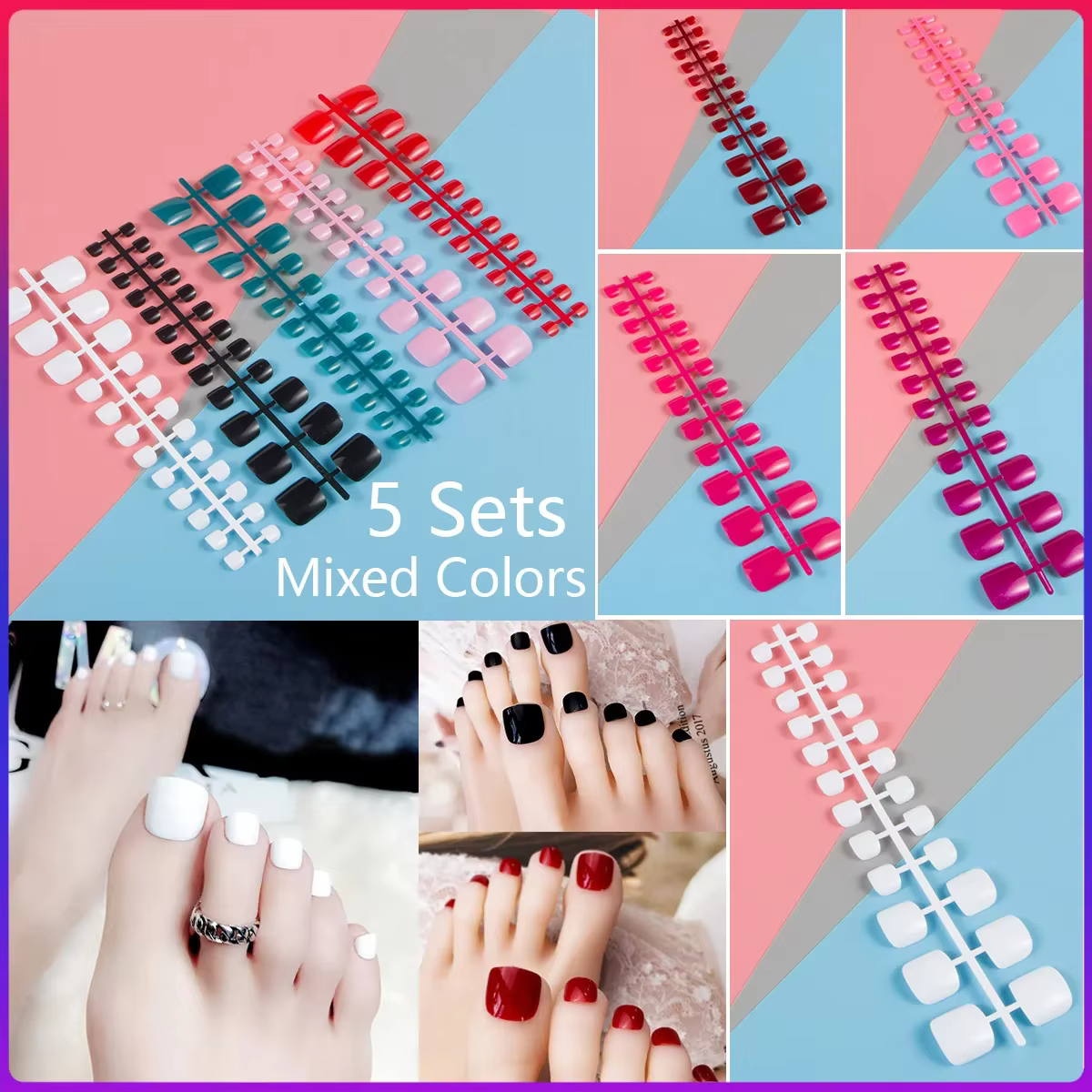 Mélangé 5 couleurs couverture complète faux ongles pied court