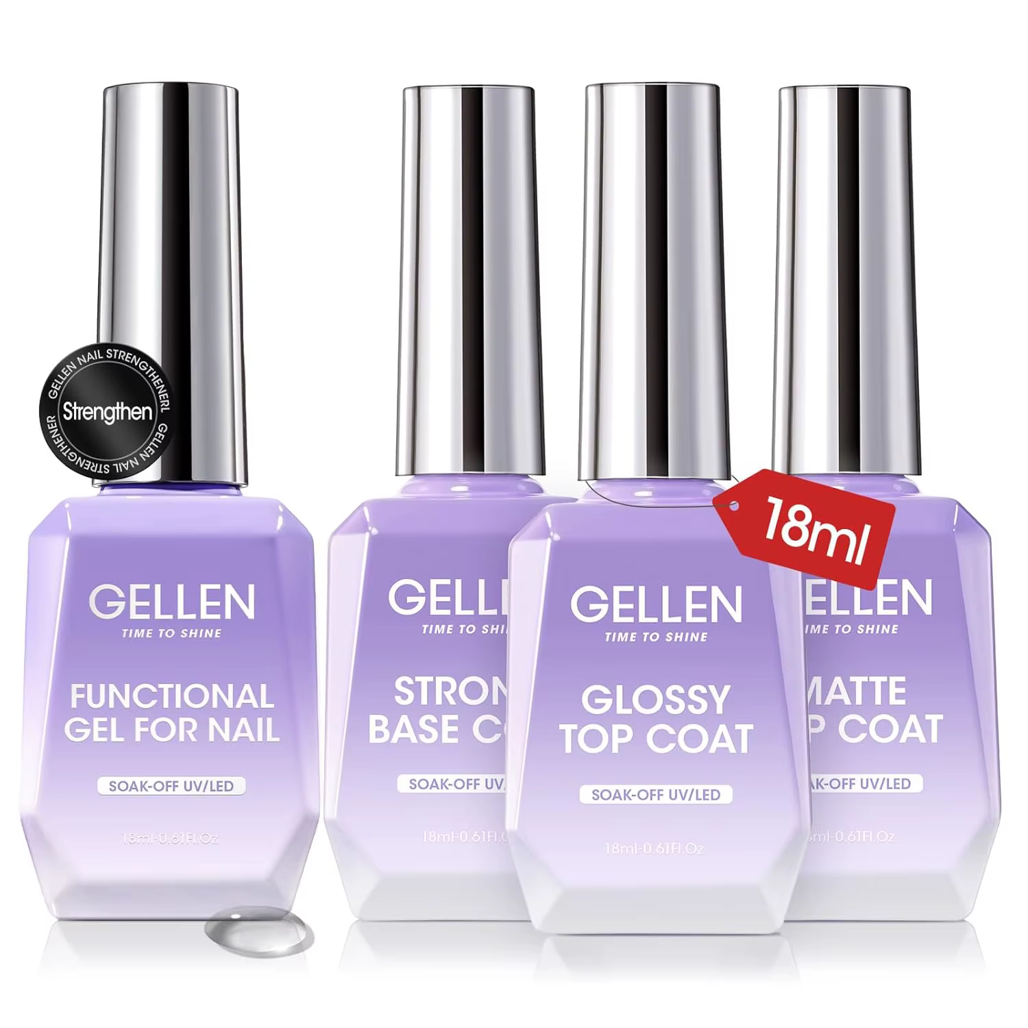 GELLEN Kit de Gel Professionnel pour Nail Art 18ml 4 Pièces Base Top Coat Transparent Renforçateur Vernis Soak Off Manucure DIY Longue Durée
