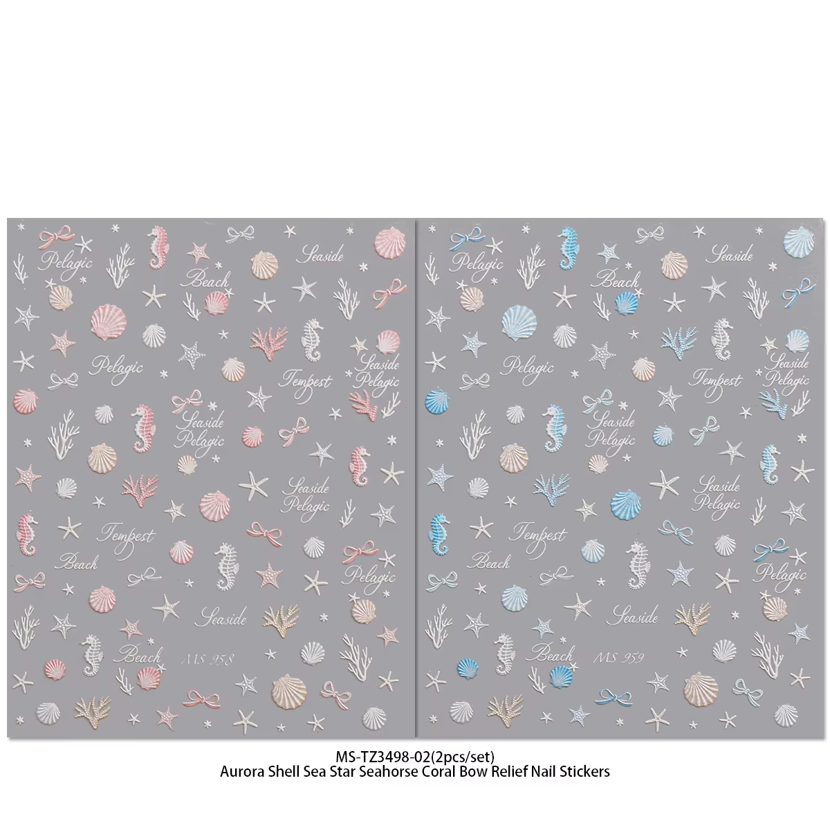 Autocollants pour ongles Coquillages Océaniques Aurora - Décorations 3D en relief Étoiles de mer et Hippocampes pour