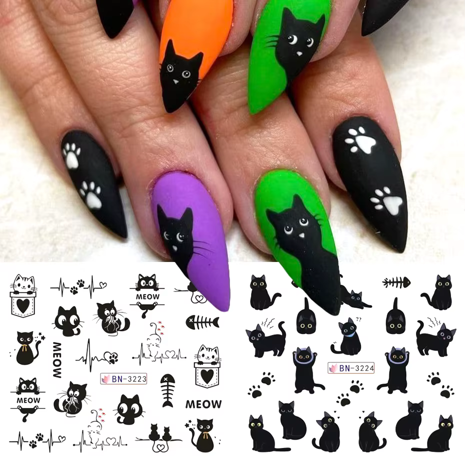 Autocollants à l'eau pour ongles chat noir