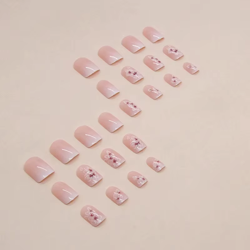 24 pièces d'ongles français courts à fleurs dégradées simples avec 1 colle gelée et 1 lime à ongles