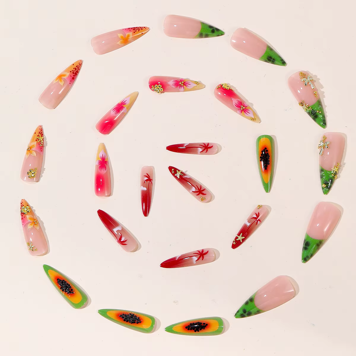 24 faux ongles à presser motif fruits tropicaux et floraux