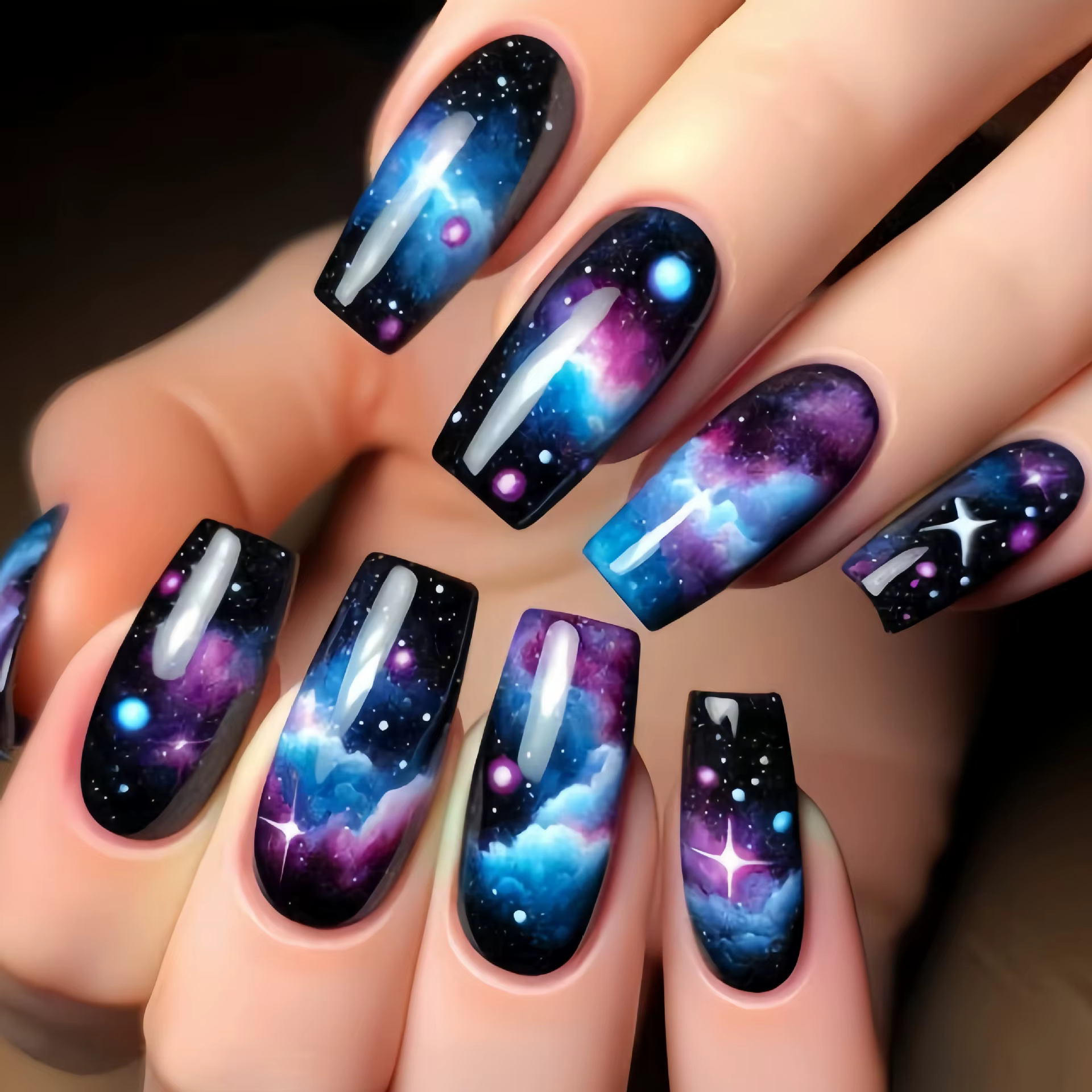 24 pièces ciel étoilé foudre motif presse sur ongles dégradé vert faux