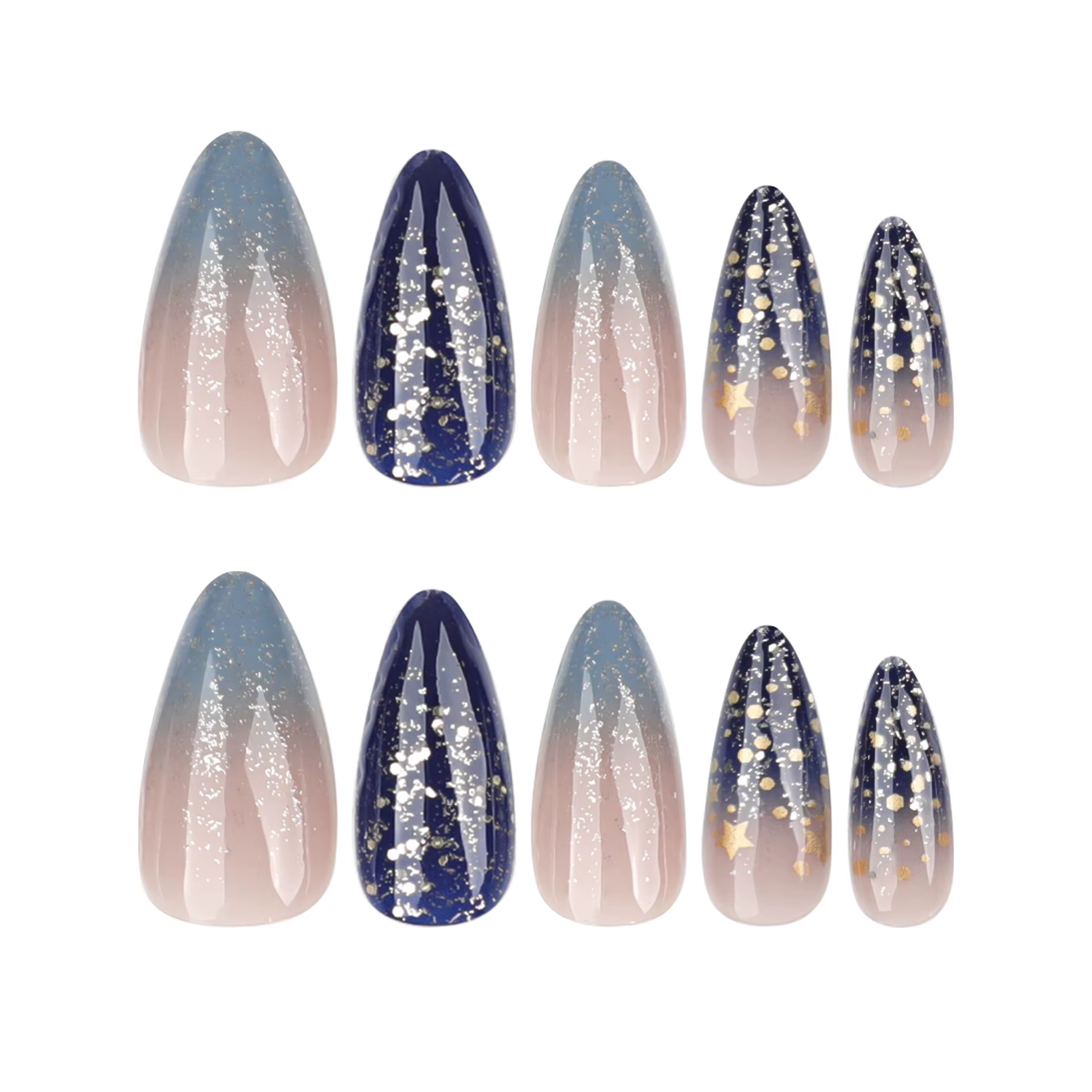 24 pièces brillant bleu foncé ciel étoilé presse sur ongles Flash or
