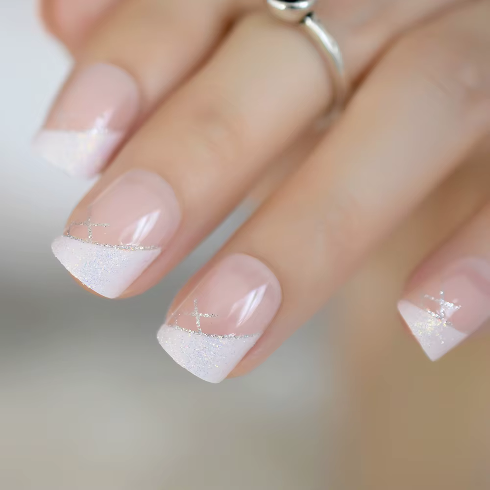 Faux ongles français instantanés blancs irisés