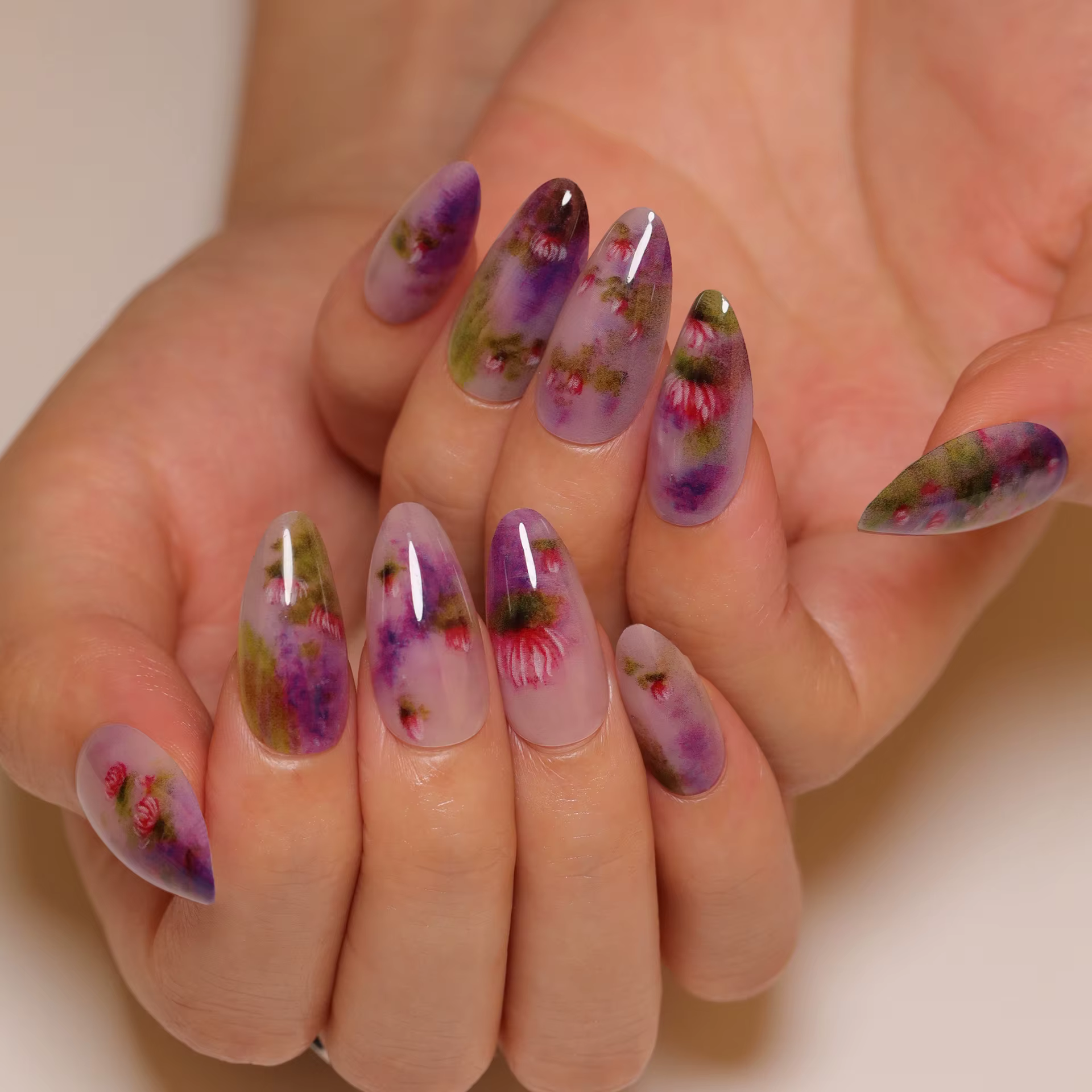 24 pièces été fleur de Lotus faux ongles violet Blush amande