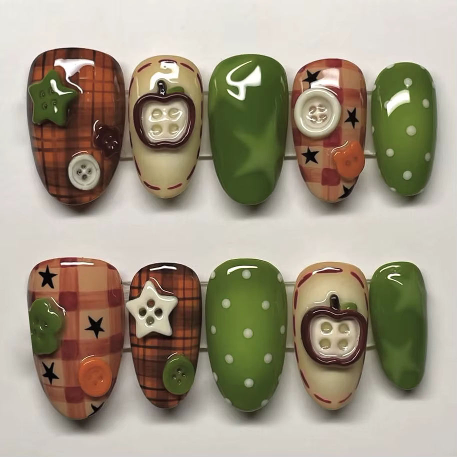 24 faux ongles mignons motif pomme rouge dessin animé