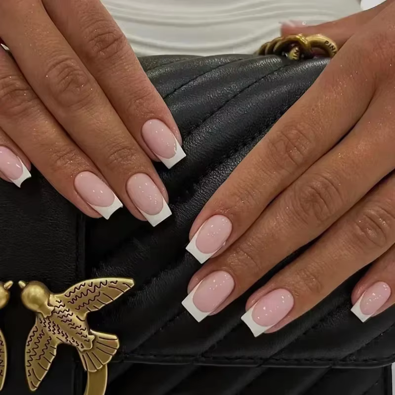 24 pièces pointe française presse à la main sur les ongles minimaliste couleur unie faux