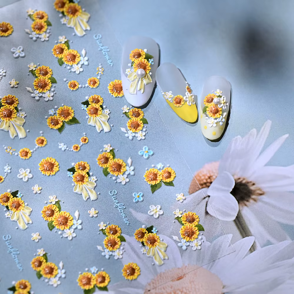 1 feuille d'autocollants 5D gaufrés tournesol pour ongles
